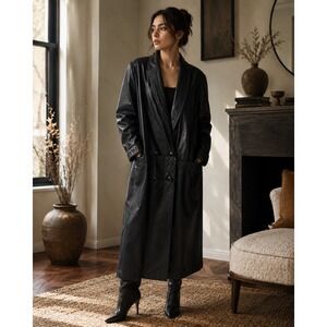 Vintage‎ Black Leather Duster Coat Long Minimalist Oversized Trench Large